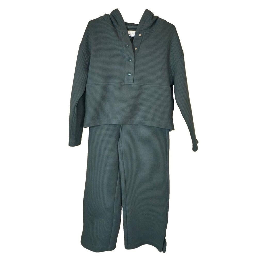 Lou & Grey by LOFT Green Waffle Knit Lounge Set Hoodie Pullover & Pants Size XS